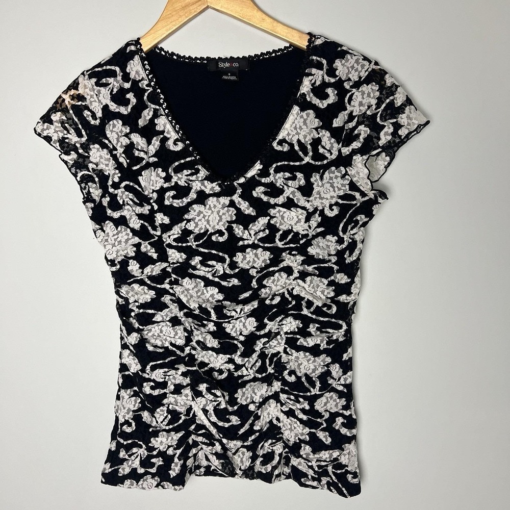 Style & Co Womens Floral Lace Ruched Sequin V-Neck‎ Top S Whimsigoth Y2k Party